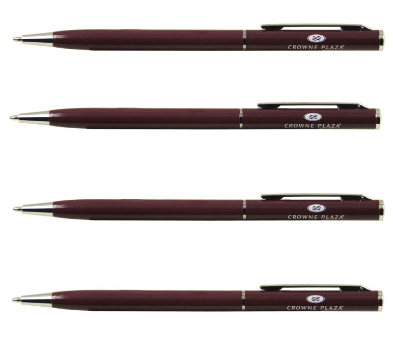 Crowne Plaza use slim size metal ballpoint pen, logo imprinted gift metal hotel pen