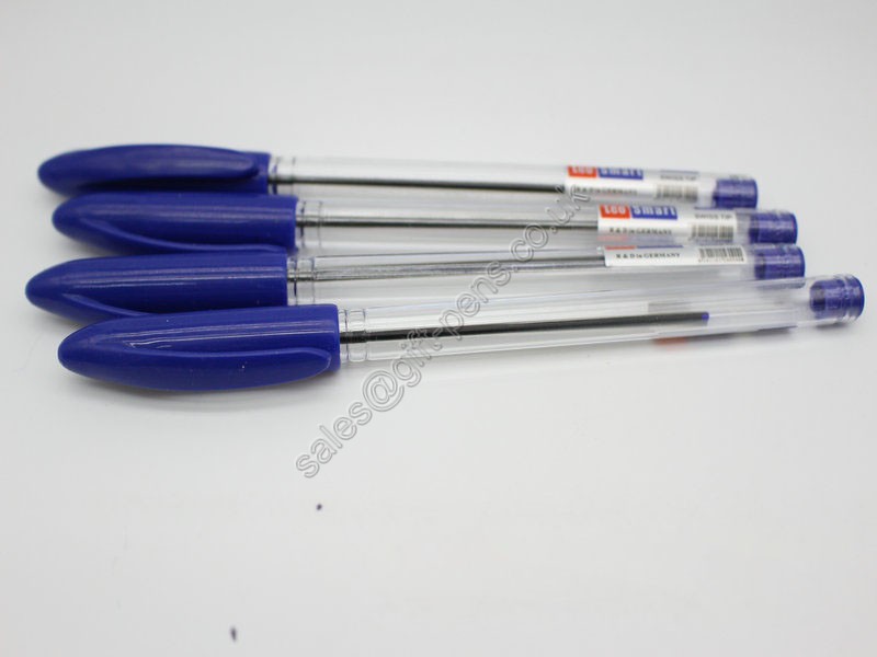 OEM printing blue cap clear barrel plastic pen, clear body office ball pen