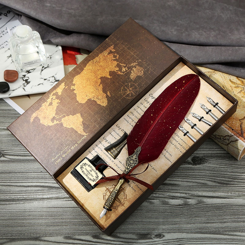 Six tips antique writing feather pen set
