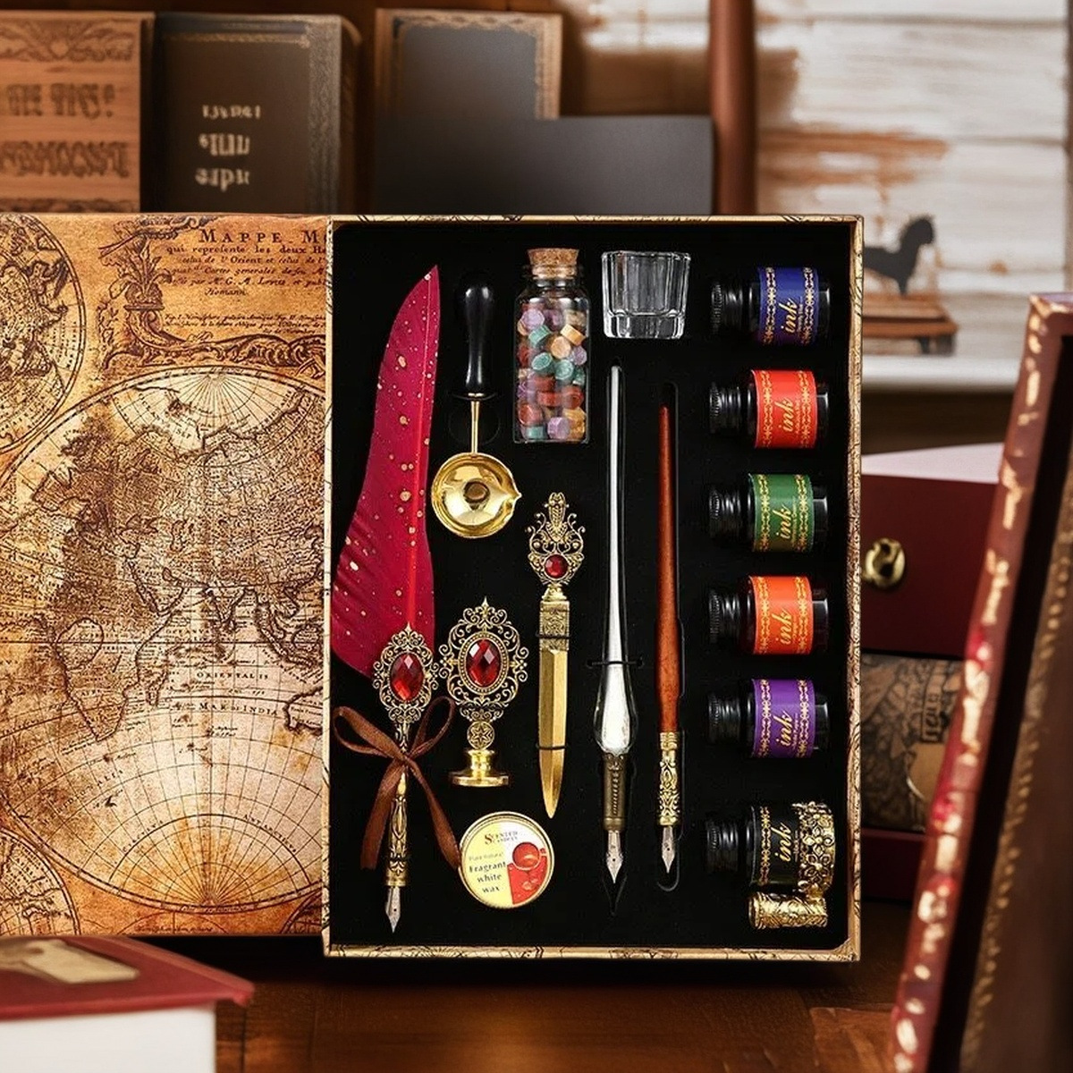 Antique Feather quill pen set with 6 inks